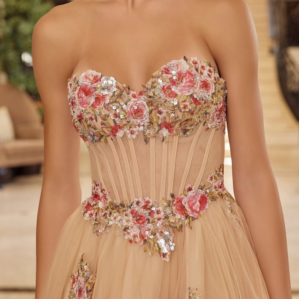 New Champagne Floral Lace Embellished A-Line Prom Gown w/ Corset Bodice NX Y1803 - Picture 4 of 10